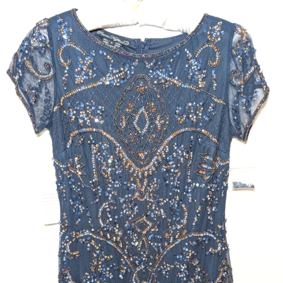 NWT Pisarro Nights Beaded Mesh Midi Cocktail Dress in Navy - Picture 7 of 16